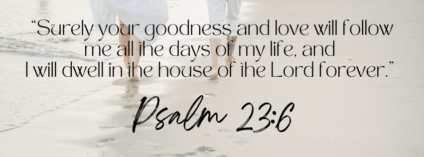 Footprints in the sand along a New Zealand beach, symbolizing Psalm 23:6’s promise of goodness and mercy.